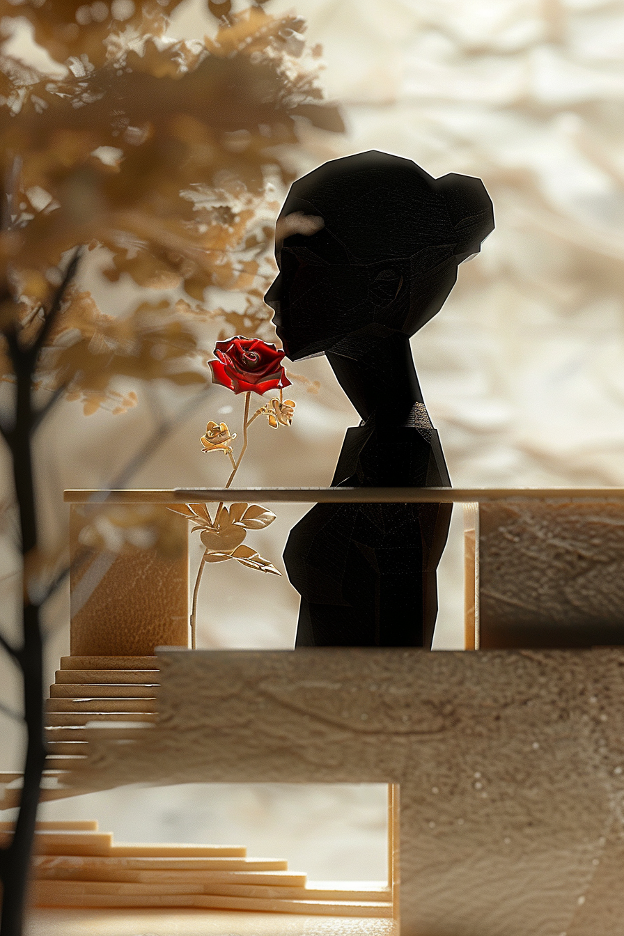 Skulpturale Silhouette einer Frau in dunklem Material, die sich einer leuchtend roten Rose nähert – eine harmonische Komposition aus Licht, Form und Stille in warmen Tönen.
