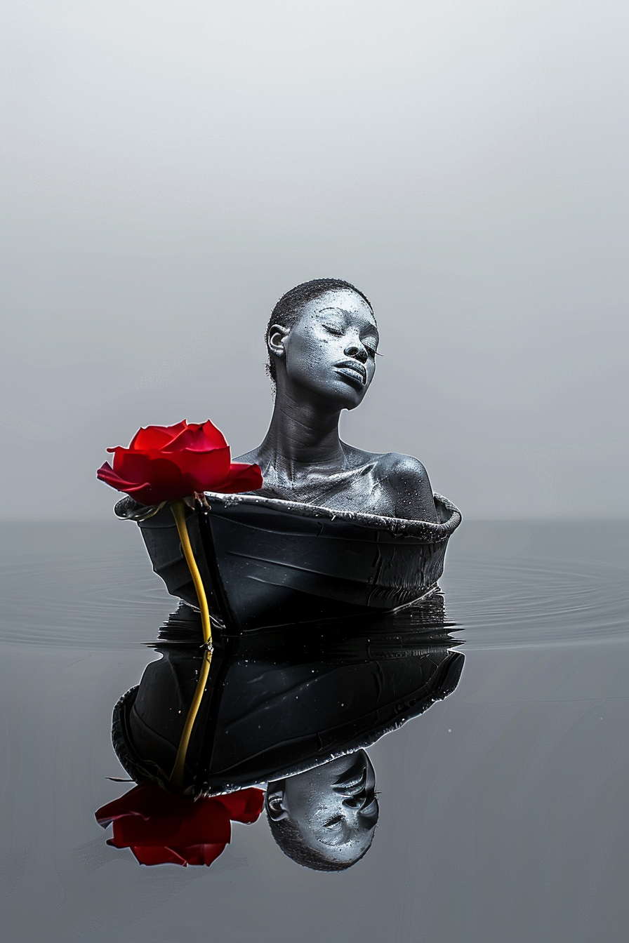 Eine mit silbrigem Glanz bemalte Person sitzt in einem schwarzen Boot auf spiegelglattem Wasser. Eine einzelne rote Rose ragt aus dem Boot hervor und spiegelt sich im Wasser.

