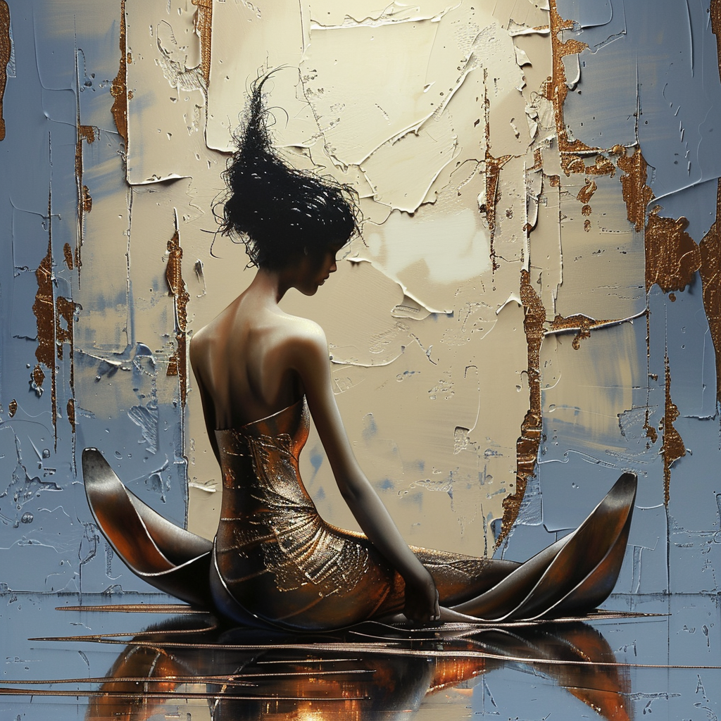 Abstrakte weibliche Figur in goldenem Kleid sitzt in ruhiger Pose vor strukturierter Wand in Blau und Beige.
