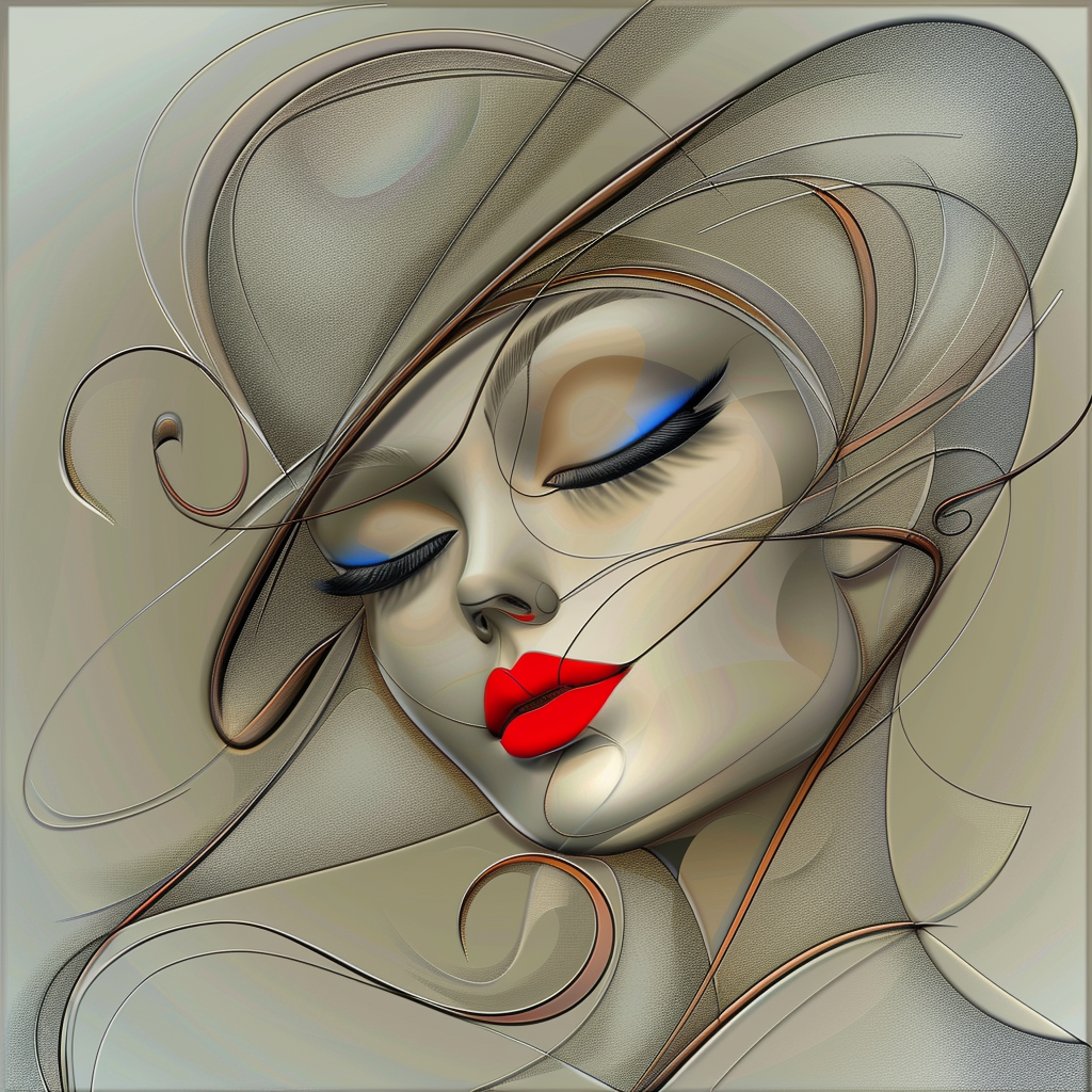 Stilisiertes Porträt einer Frau mit geschlossenen Augen und roten Lippen, dargestellt in fließenden Linien und weichen Farbtönen – eine elegante, grafische Komposition.
