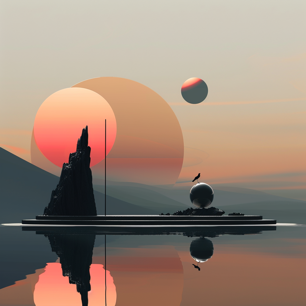 Futuristische Landschaft mit zwei leuchtenden Sonnen am Himmel, einer dunklen Felsformation und einem Vogel auf einer Kugel – minimalistisch, still und atmosphärisch.
