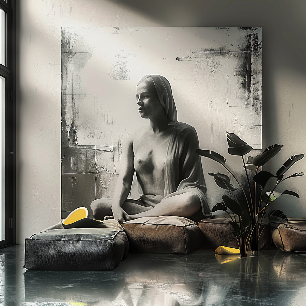 Eine sitzende Frau in einem halbtransparenten Gewand ist Teil eines monochromen Gemäldes, das an einer Wand lehnt. Davor liegen Kissen und eine Zimmerpflanze, alles in sanftem Licht getaucht.
