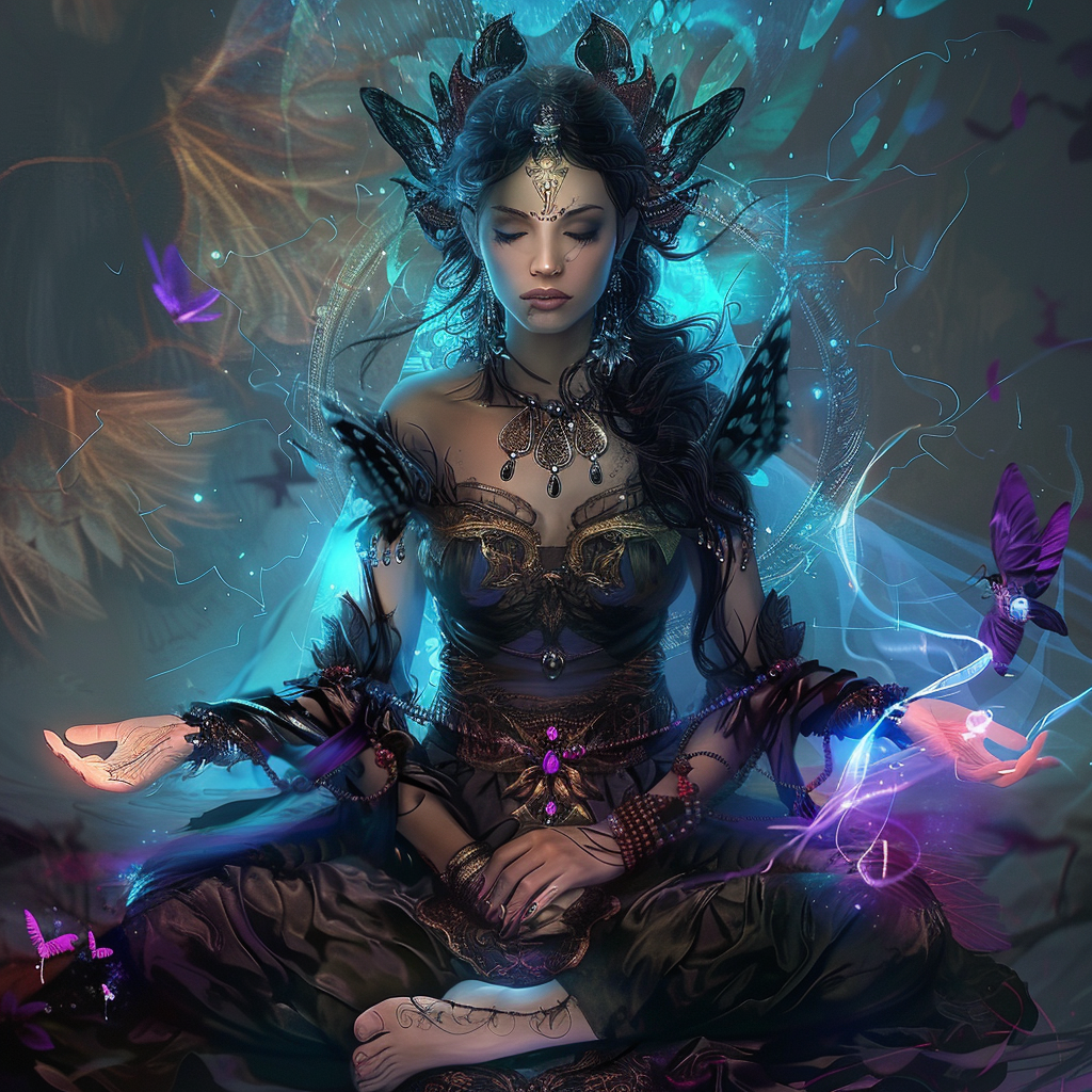 Digitales Kunstwerk einer meditierenden Frau in mystischem Gewand, umgeben von leuchtenden Schmetterlingen und magischer Energie – Symbol für Transformation und innere Stärke.
