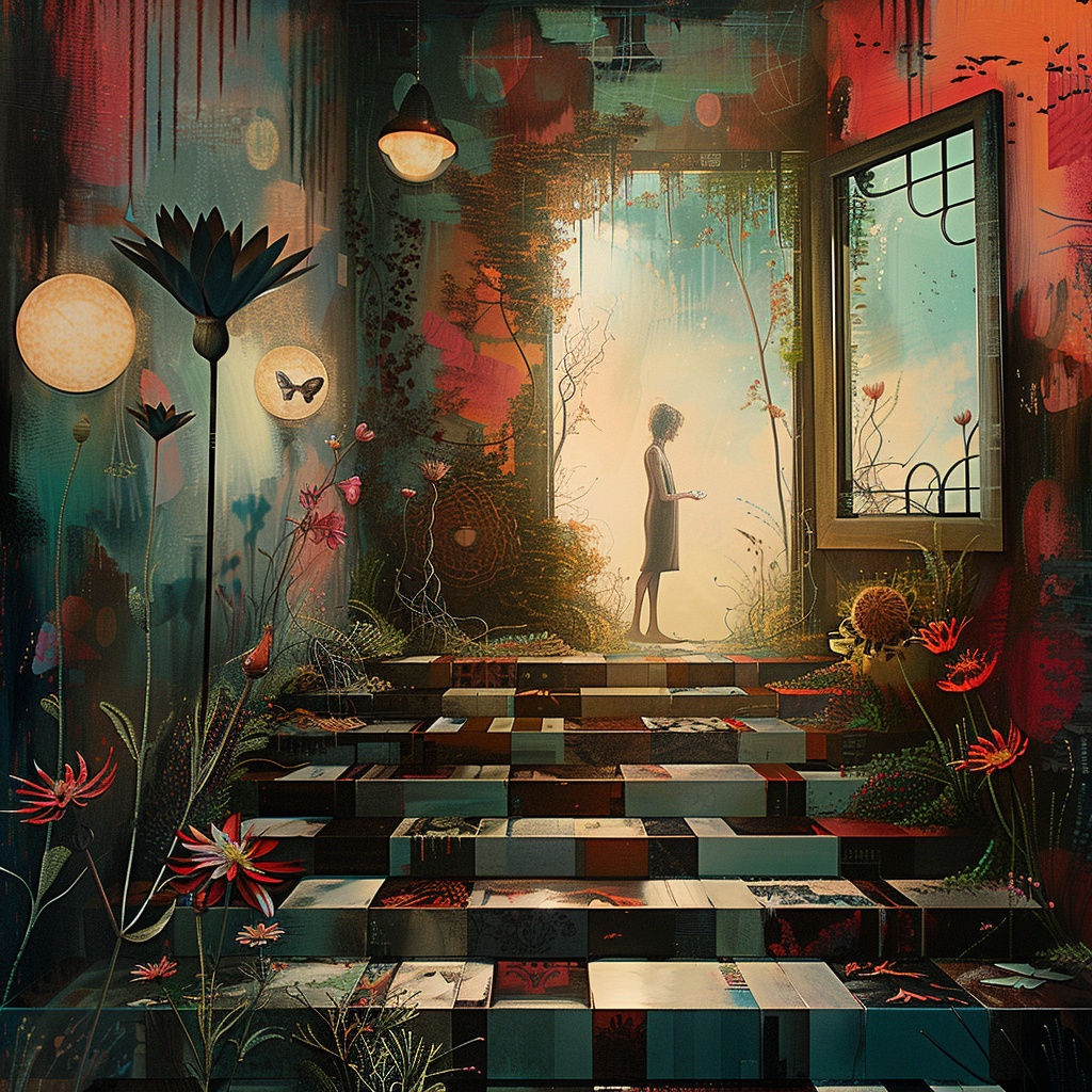 surrealistische szene mit frau an einer tür zwischen licht und schatten umgeben von pflanzen und leuchten
