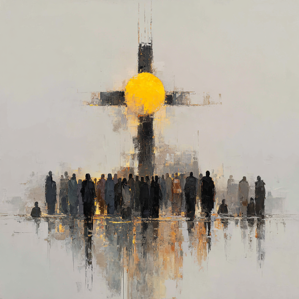 Abstraktes Gemälde mit einer großen gelben Sonne in Form eines Kreuzes und einer Gruppe von Menschen in dunklen Silhouetten, die davor stehen – symbolische und spirituelle Darstellung.
