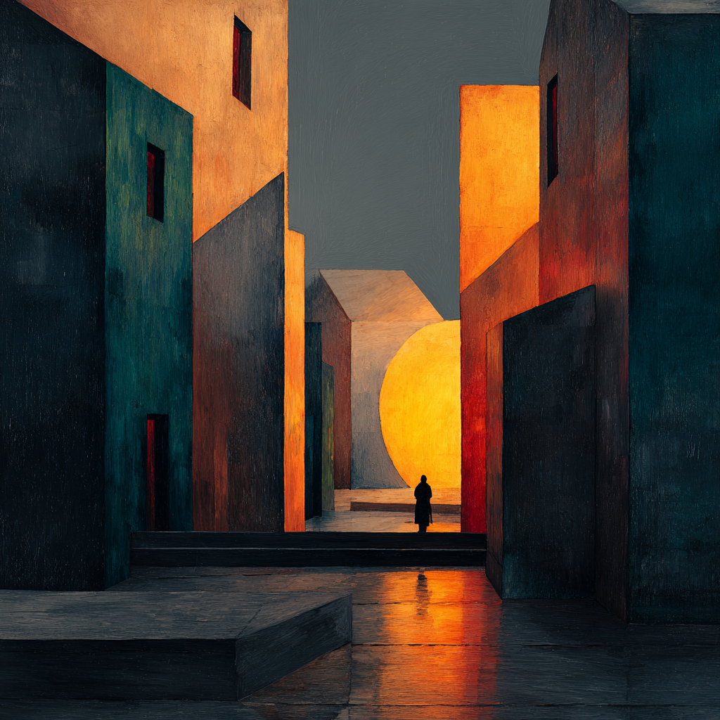 person in einer modernen stadt mit geometrischen häusern im licht der sonne
