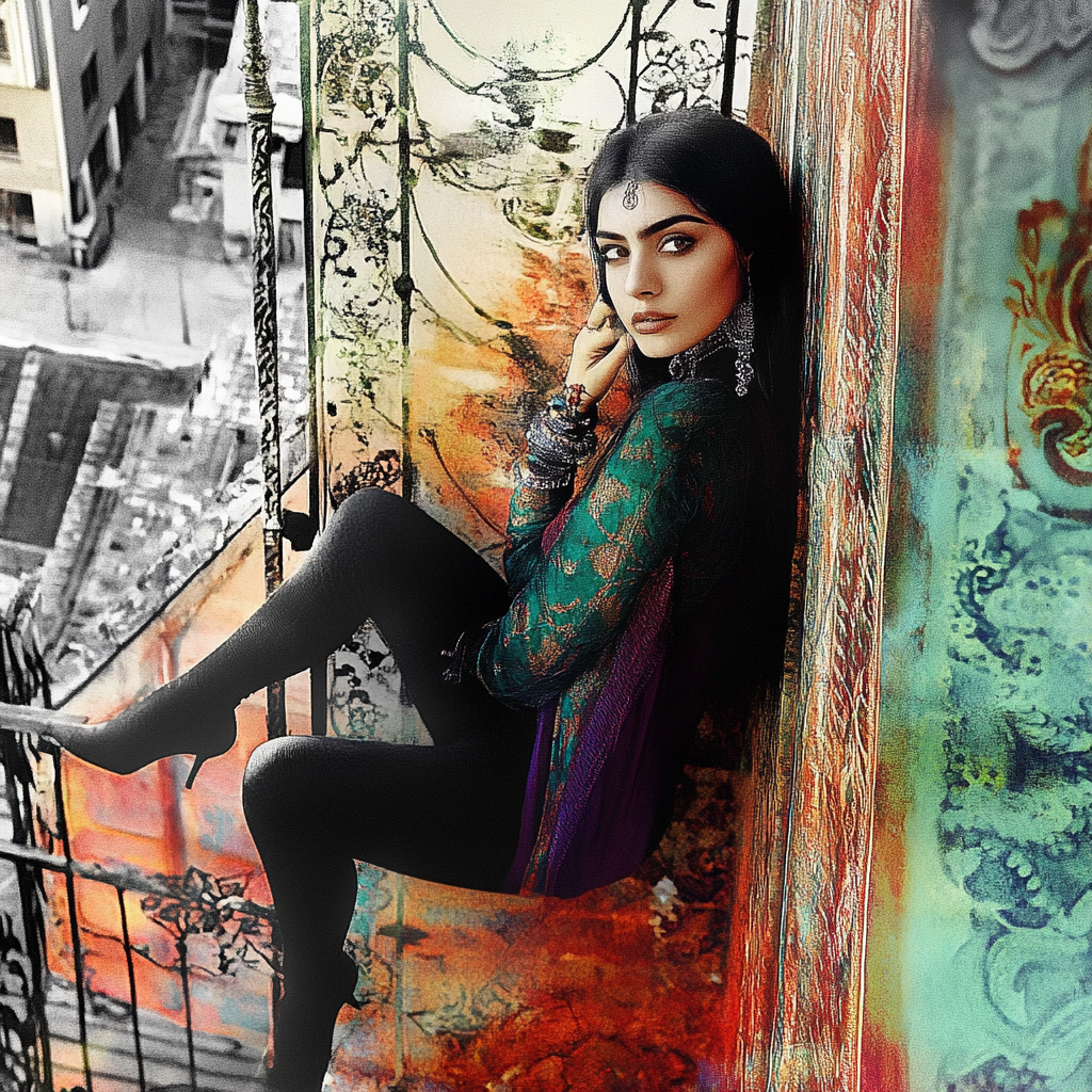 frau in farbenreicher kleidung sitzt an einem geländer über stadtlandschaft
