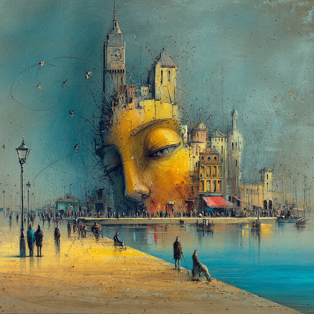 Eine riesige, goldene Gesichtsskulptur ruht halb versunken in einer Stadtlandschaft am Wasser – ein surrealer Traum zwischen Architektur und Erinnerung.
