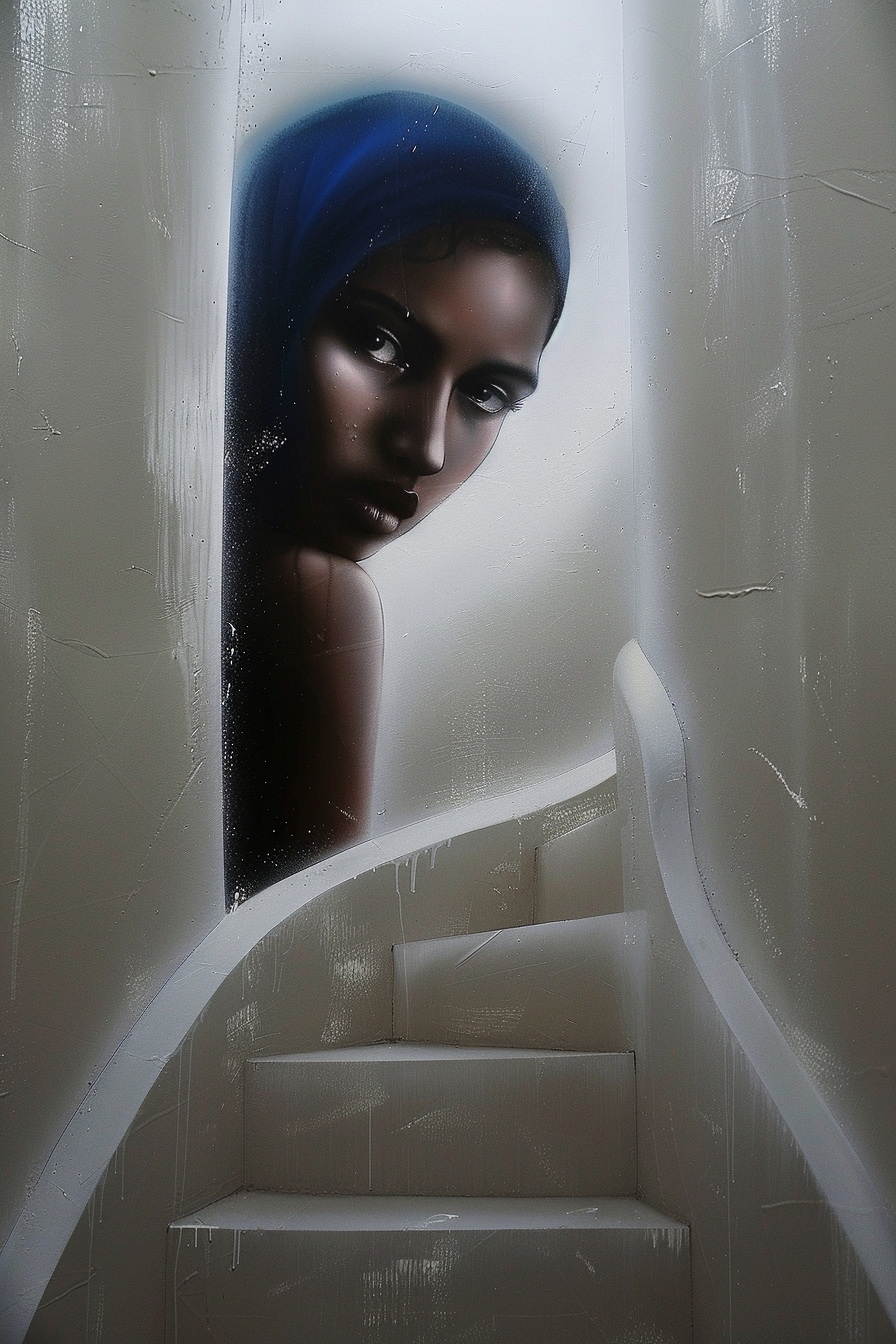 Porträt einer Frau mit blauem Tuch, die über eine weiße Treppe blickt – Digitalkunst zwischen Geheimnis, Licht und Stille.
