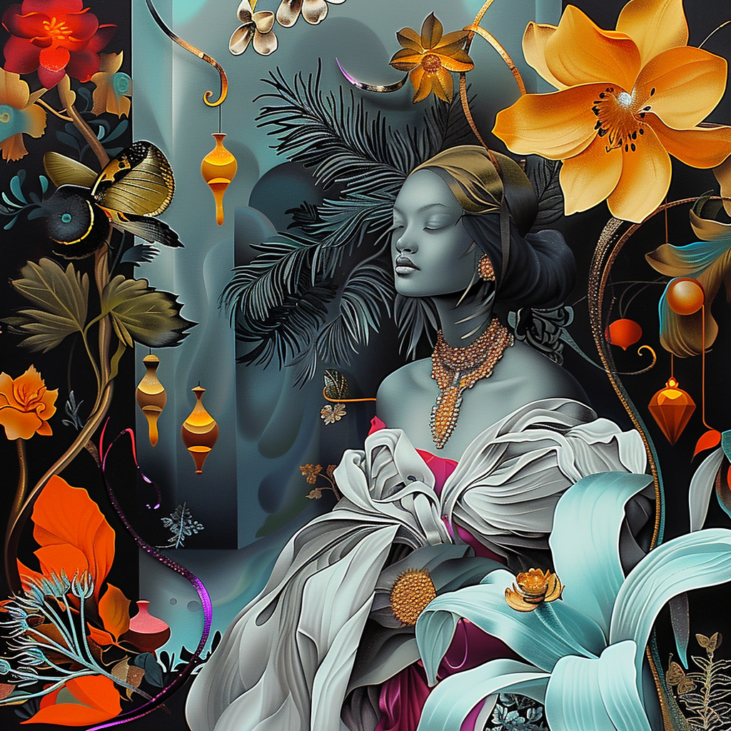 Porträt einer Frau inmitten üppiger Blumen und goldener Ornamente; ihr Gesicht wirkt friedlich und entrückt, die Farbwelt aus Türkis, Gold, Orange und Grau erzeugt eine träumerische Atmosphäre.
