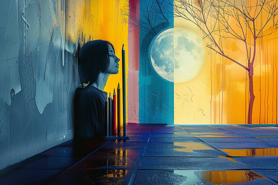 Eine nachdenkliche Person lehnt an einer Wand in einem farblich geteilten Raum, zwischen kühlen Blautönen und warmen Gelb- und Orangetönen, vor einer großen, leuchtenden Mondscheibe; daneben stehen farbige Buntstifte auf dem Boden.
