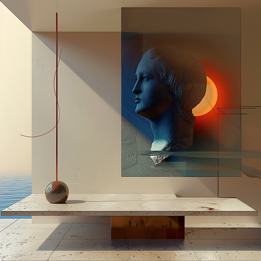 skulptur eines kopfes in blauem licht mit sonne im hintergrund in minimalistischem raum
