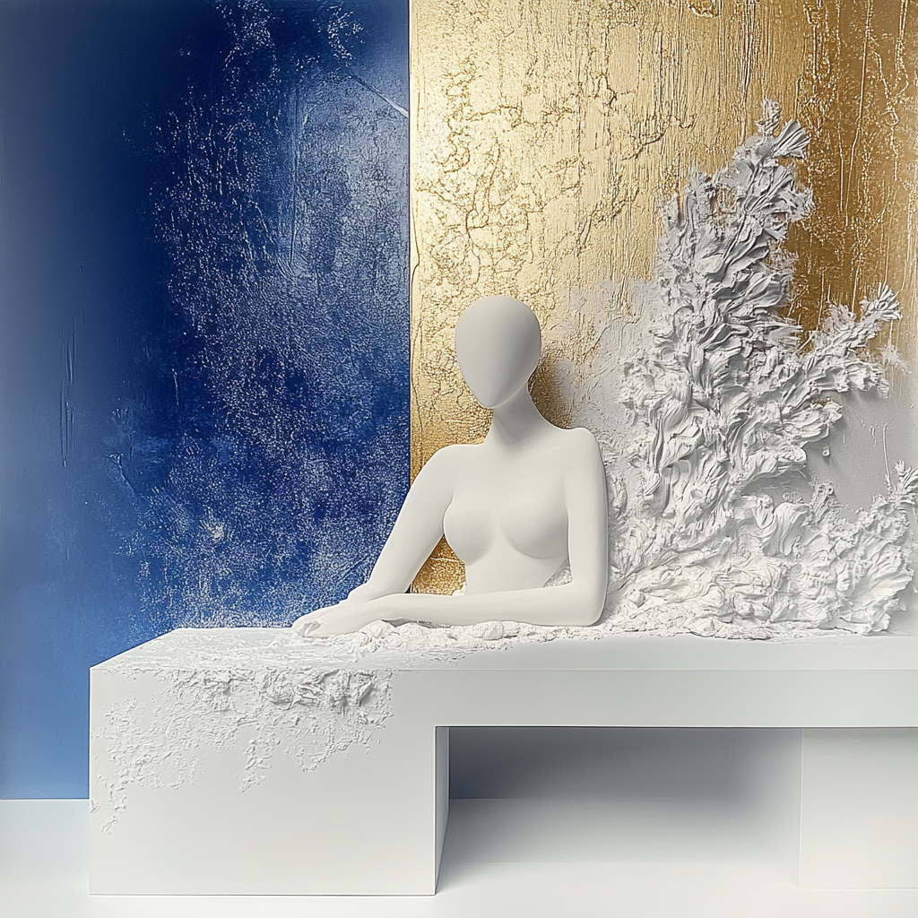 Weiße, abstrahierte Frauenfigur an einem skulpturalen Tisch vor einem goldenen und tiefblauen Hintergrund. Organische Strukturen wachsen aus der Wand und umfließen die Figur – ein Zusammenspiel aus Minimalismus, Materialität und spiritueller Symbolik.
