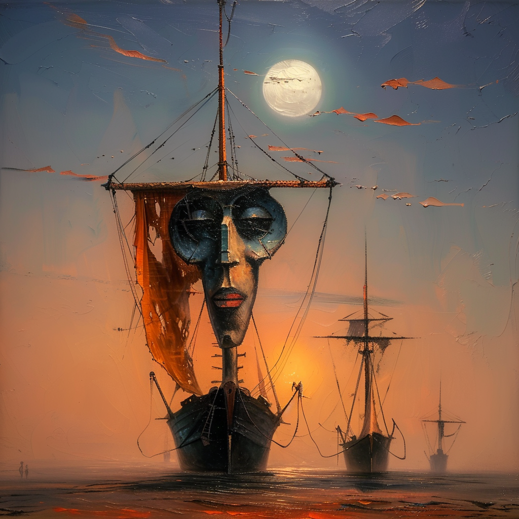 Surrealistisches Schiff mit Gesicht im Segel, das bei Sonnenuntergang über ein stilles Meer fährt.
