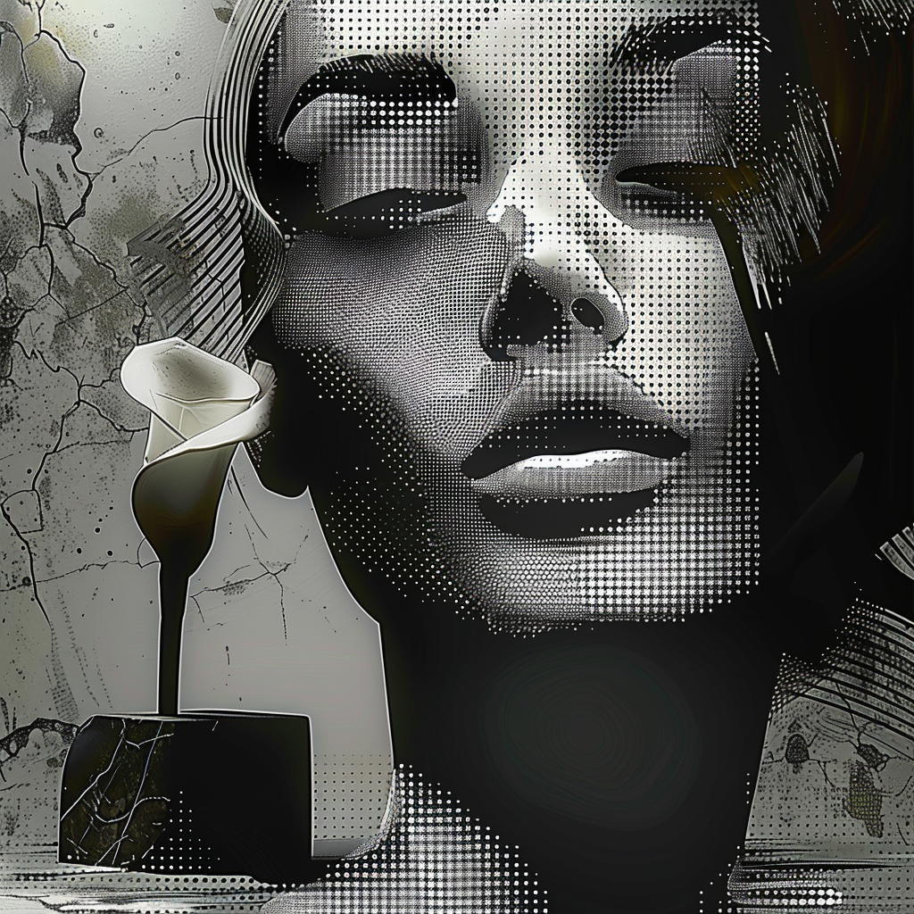 Grafisches Porträt einer Frau in Schwarzweiß mit geschlossenen Augen, aufgebaut aus Punkt- und Rasterstrukturen; eine weiße Blume steht im Vordergrund – Mischung aus digitaler Kunst und Symbolismus.
