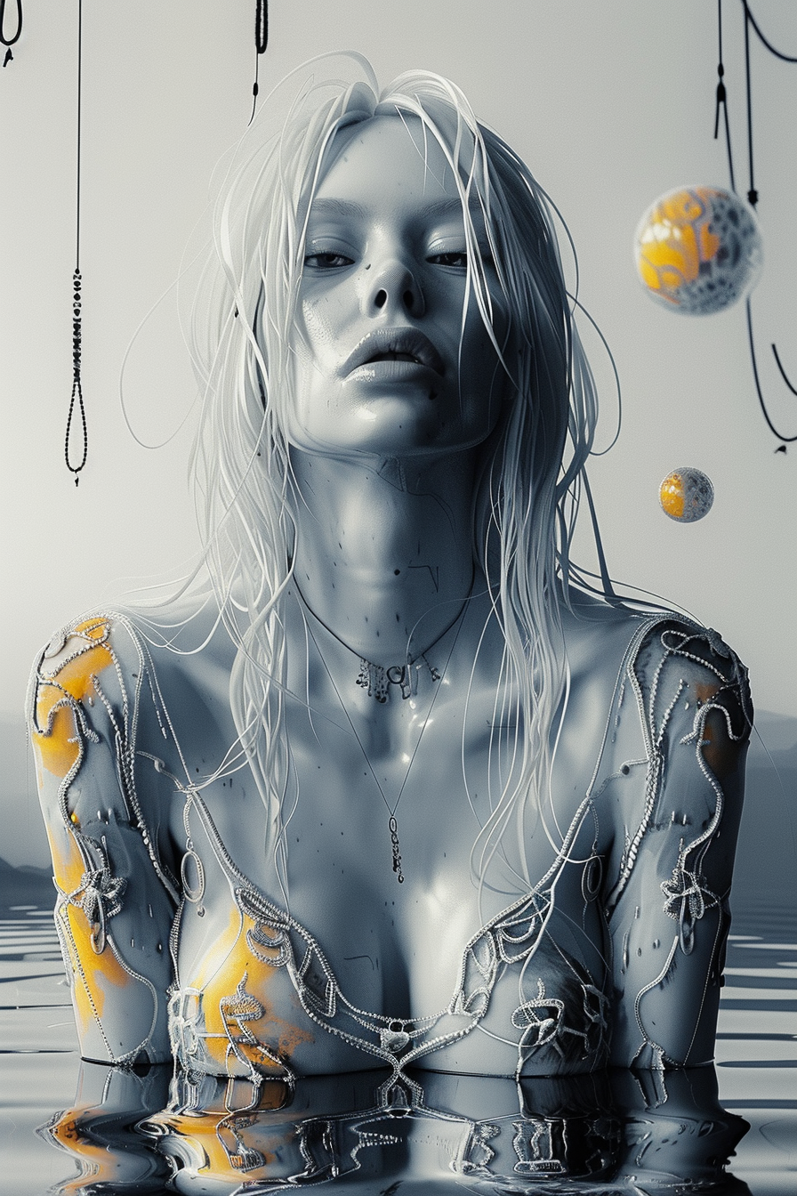 futuristische porträtkunst einer frau mit metallischer haut, perlenketten und wasserreflexion
