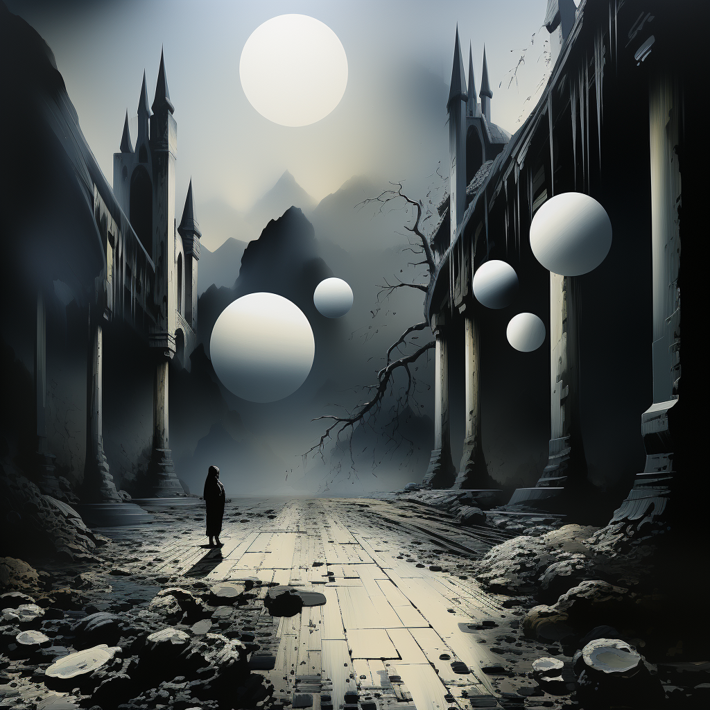 Surreales Landschaftsbild mit schwebenden Kugeln und gotischen Säulen in nebliger Atmosphäre.
