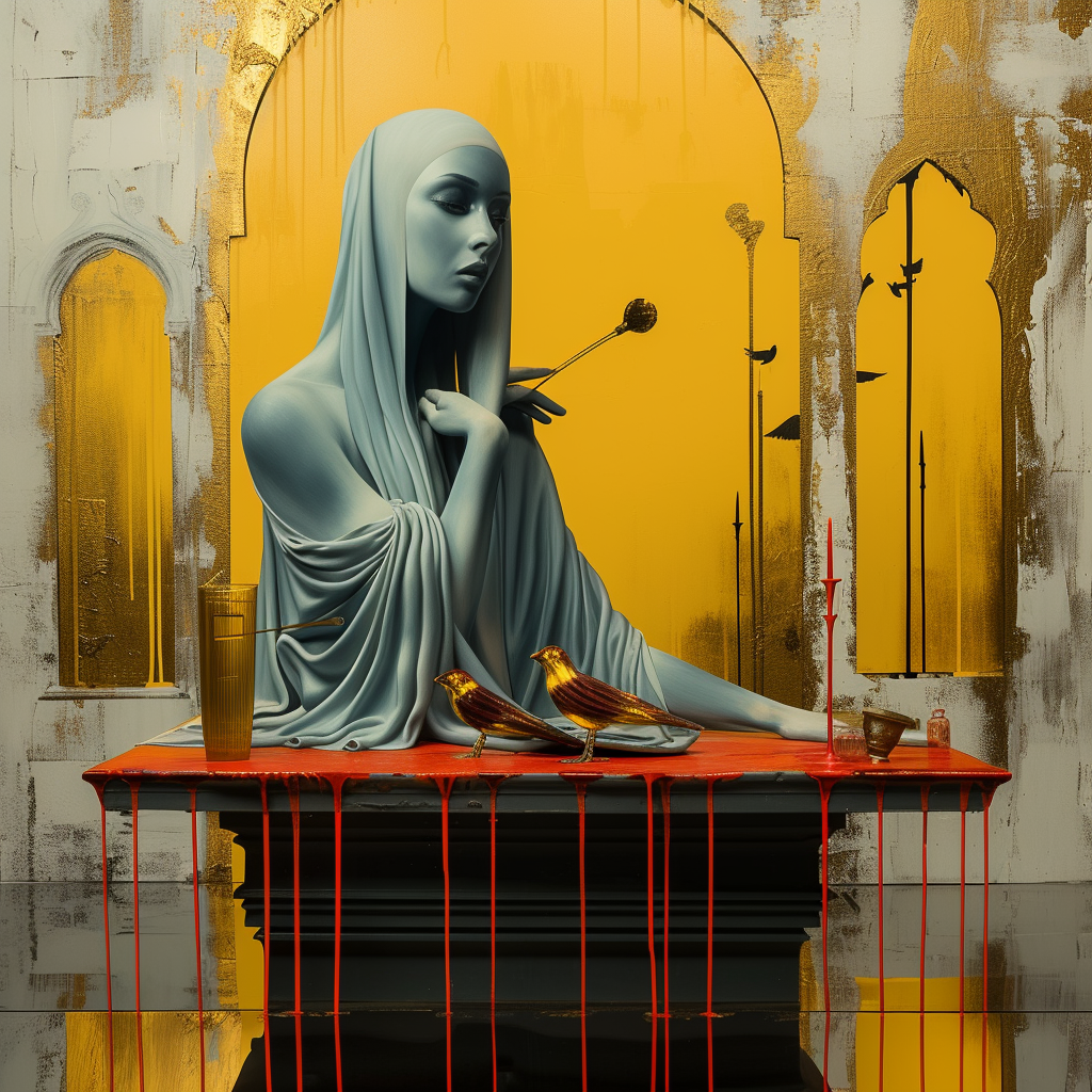 figur in blauem gewand mit goldenen vögeln vor goldener wand
