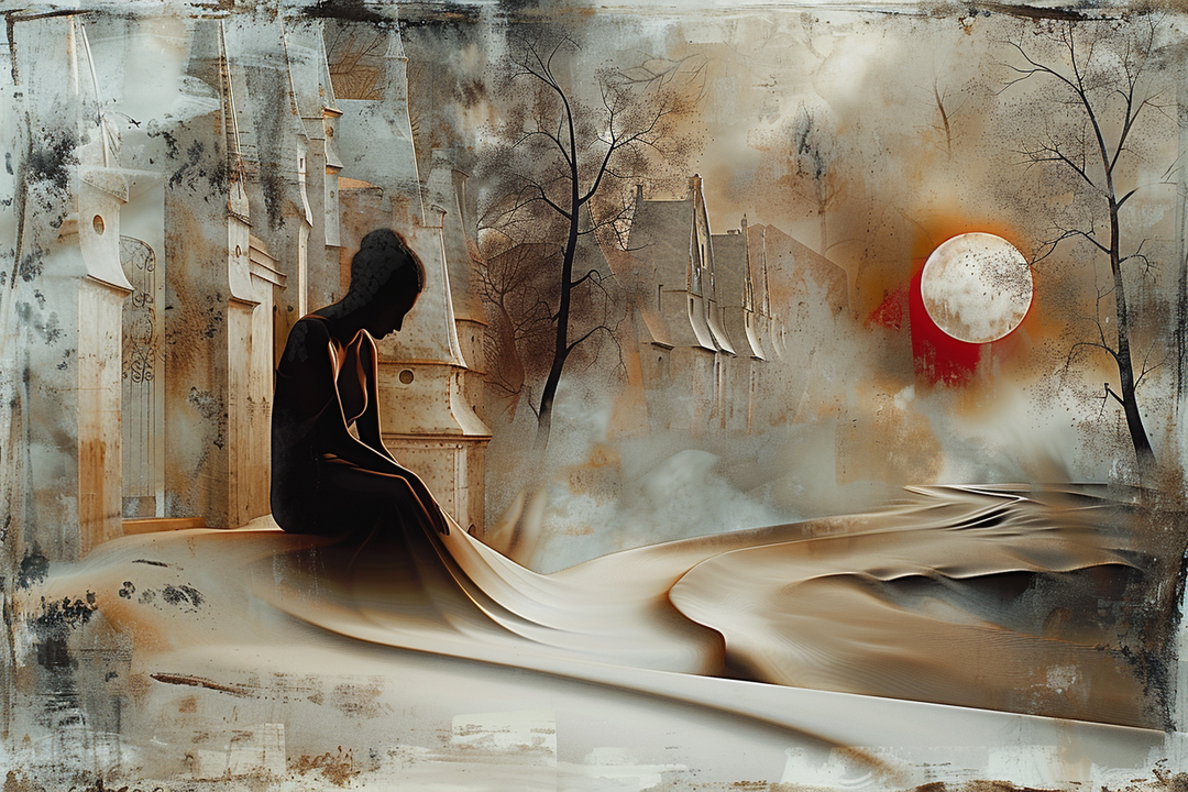 Eine dunkle Silhouette einer Figur sitzt nachdenklich vor einer surrealen, nebligen Stadtlandschaft mit verwaschenen Türmen und einem rötlich leuchtenden Mond im Hintergrund.
