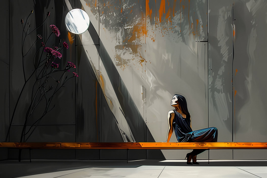 Eine Frau sitzt auf einer Holzbank in einem minimalistischen, grauen Raum, während ein Sonnenstrahl durch ein Fenster fällt und ihr Gesicht erleuchtet.
