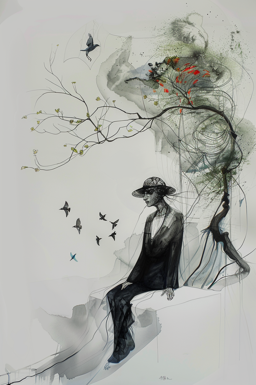 tuschezeichnung mit frau in schwarz, baum mit roten blüten, fliegende vögel und nebliger hintergrund
