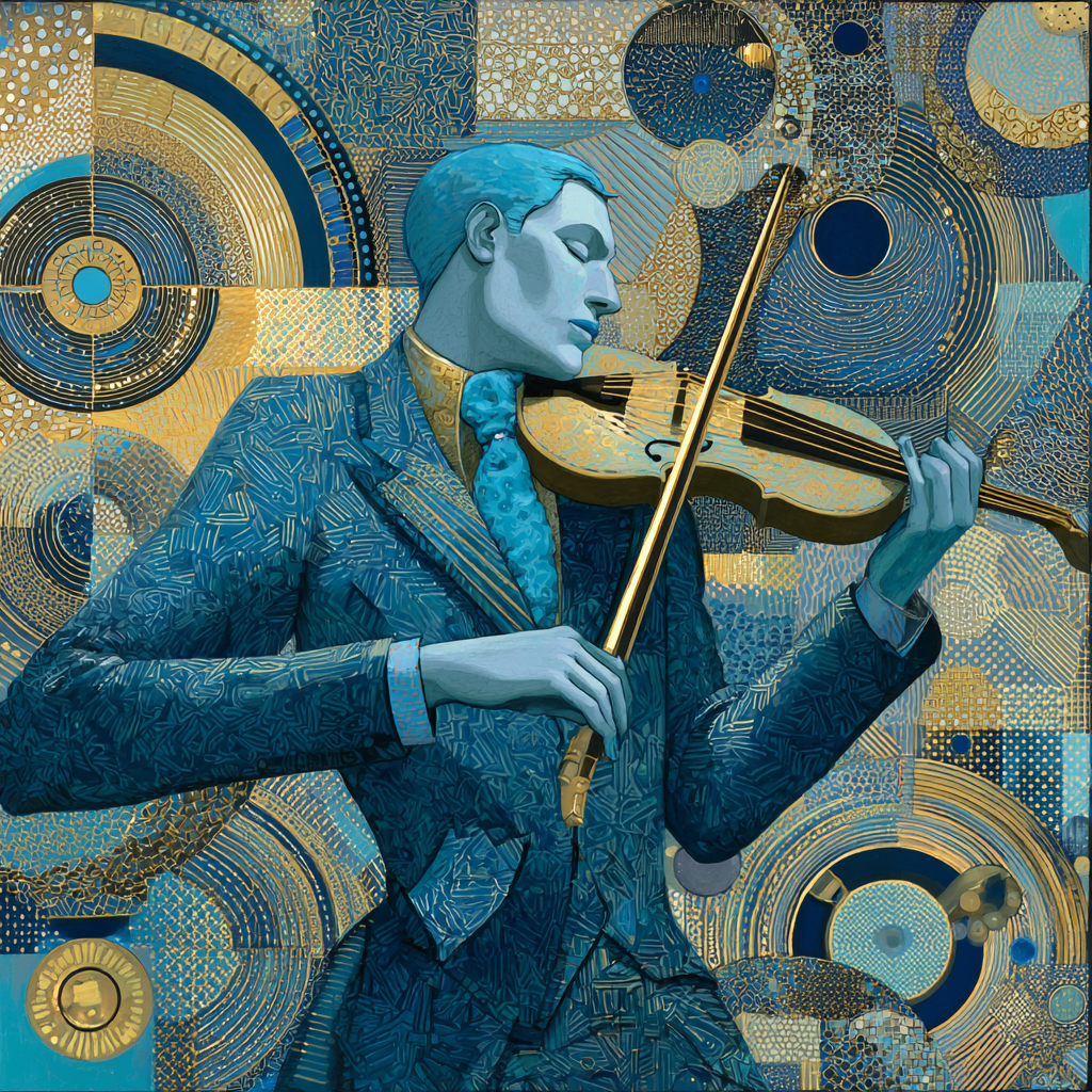 abstraktes gemälde in blau und gold mit geiger im anzug
