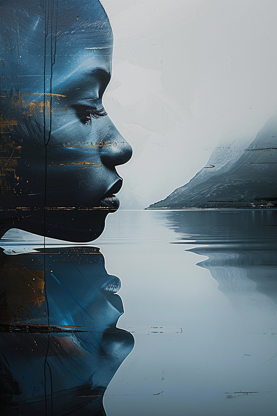 Porträt einer Frau im Profil, deren Gesicht sich in stiller Wasseroberfläche spiegelt
