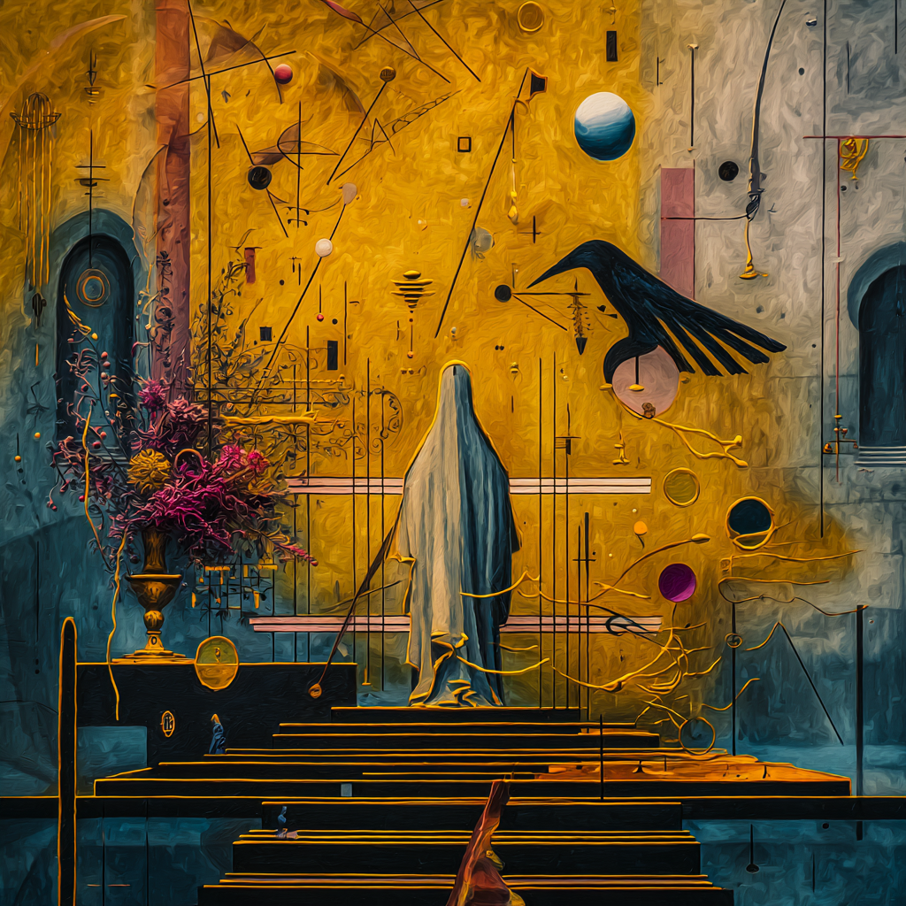 Symbolisches Gemälde mit einer verhüllten Figur, die eine Treppe hinaufsteigt – umgeben von geometrischen Zeichen, goldenen Strukturen, einem schwarzen Raben und floralen Elementen vor einem gold-blauen Hintergrund.
