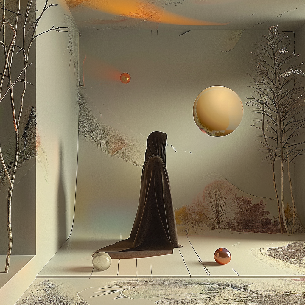 Figur in dunkler Robe steht in stiller, surrealer Landschaft mit schwebenden Kugeln
