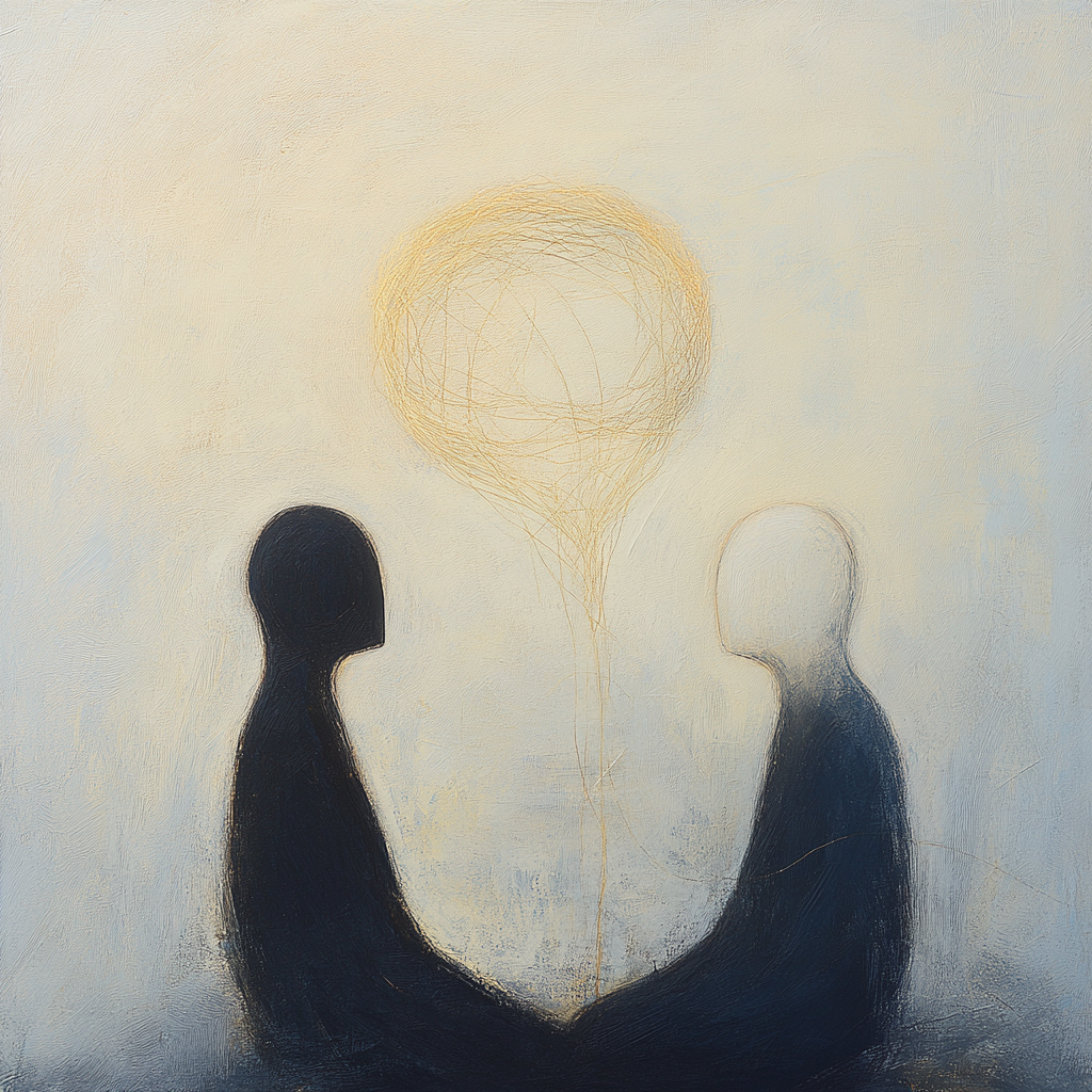Zwei schemenhafte Gestalten, eine dunkel und eine hell, sitzen einander gegenüber, verbunden durch eine leuchtende, fadenartige Struktur – ein Sinnbild für stille Verbindung und gegenseitiges Verstehen.

