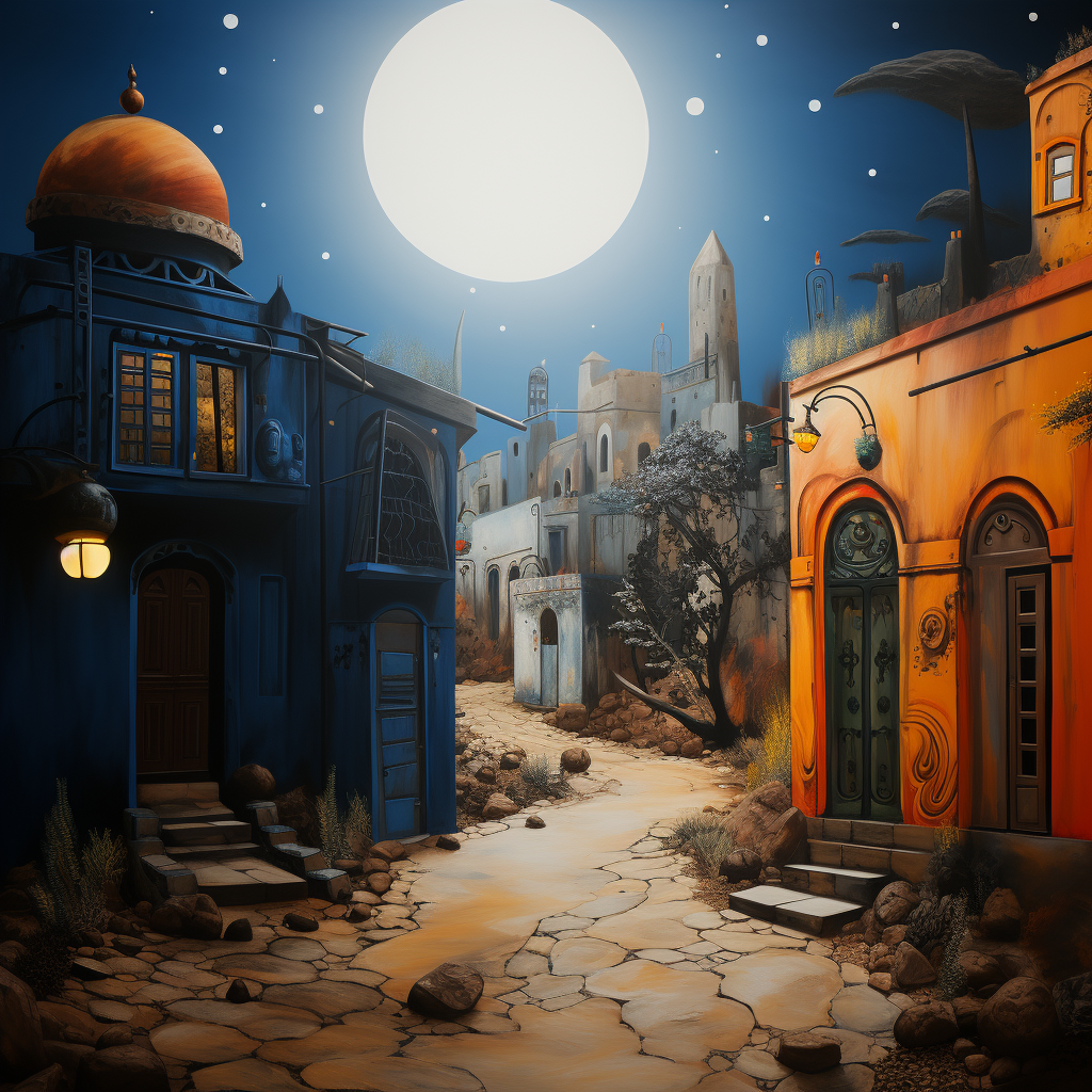 Surreale nächtliche Straßenszene mit leuchtendem Vollmond über farbigen Gebäuden in Blau und Orange – eine stille, traumhafte Atmosphäre aus Licht, Schatten und architektonischer Fantasie.
