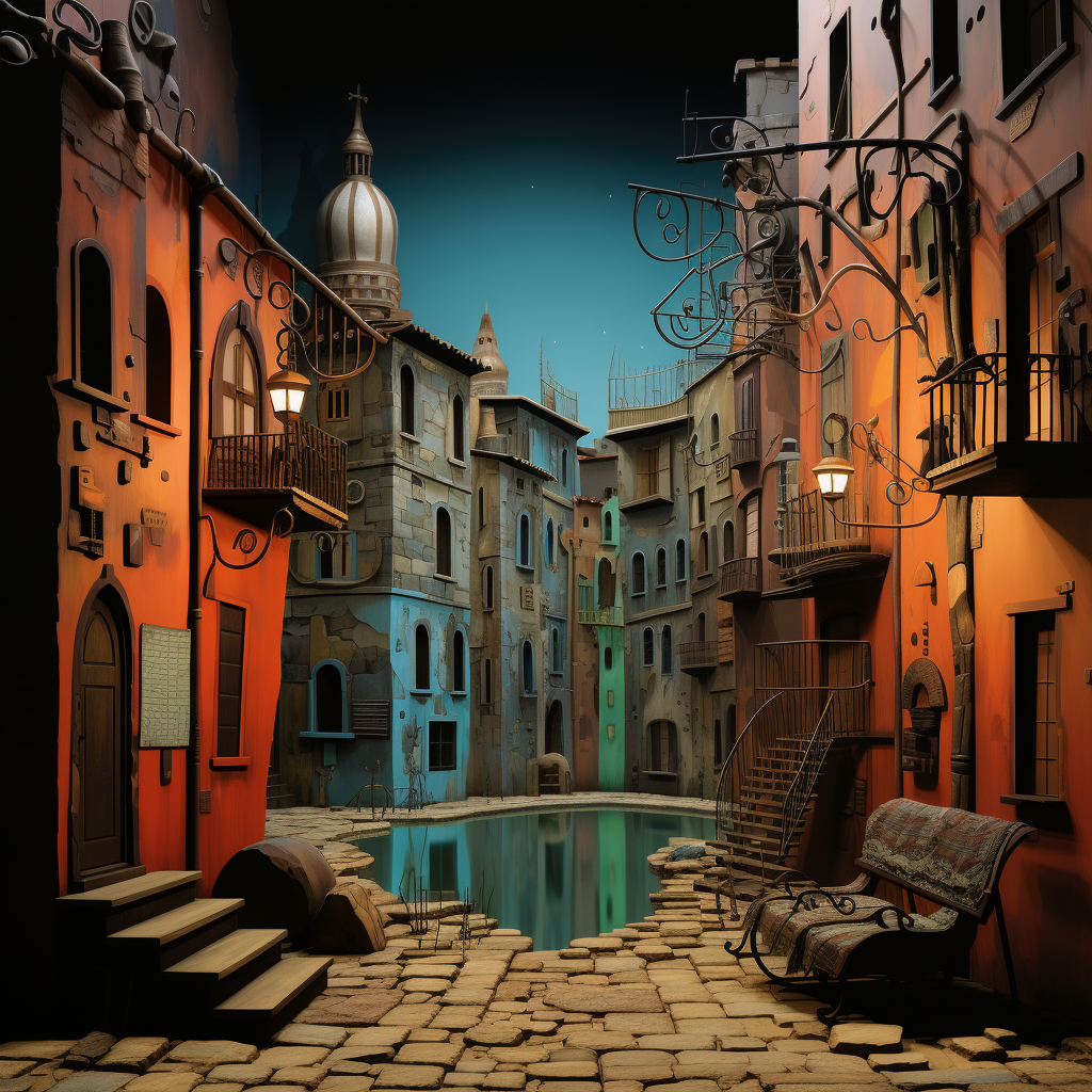 Surreale nächtliche Stadtansicht mit verwinkelten Häusern in warmen Farben, die sich an einem stillen Wasserbecken spiegeln – eine Atmosphäre zwischen Traum, Nostalgie und Stille.
