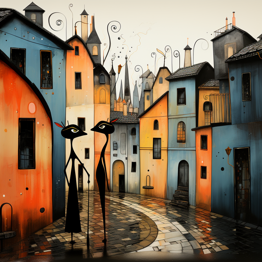Surreale Stadtszene mit farbenfrohen, schiefen Häusern und zwei schlanken, schwarzen Figuren mit großen Augen – eine märchenhafte, verspielte Atmosphäre aus Licht und Form.
