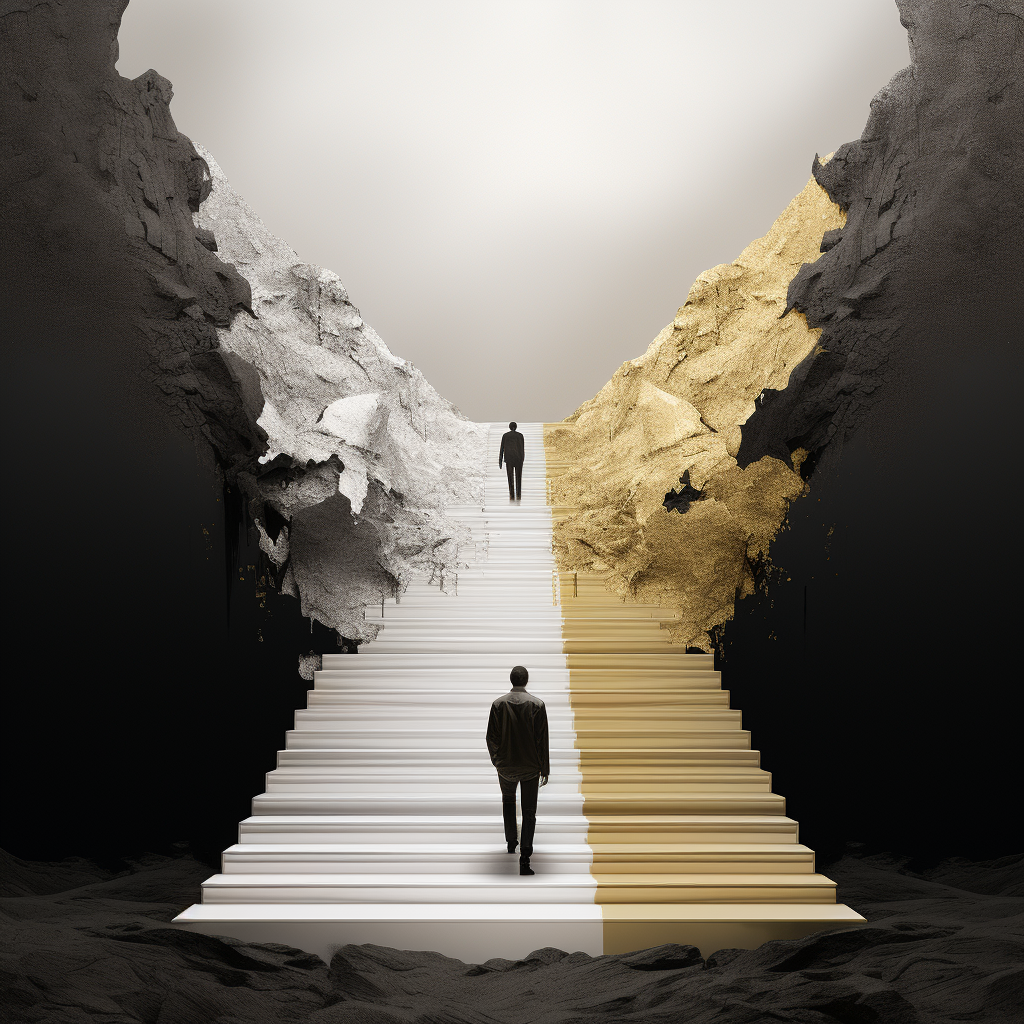 zwei figuren steigen eine monumentale treppe zwischen gold und grau hinauf
