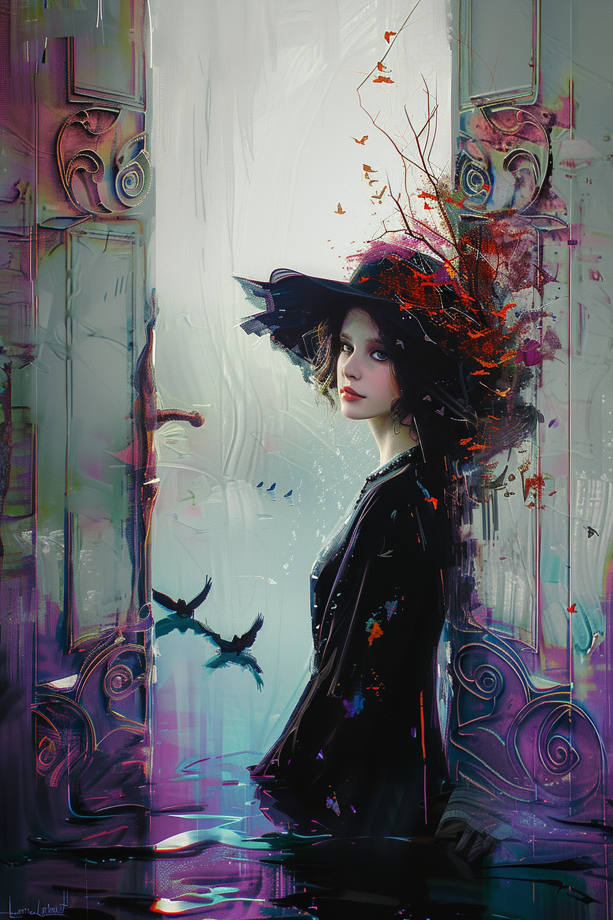 Eine junge Frau in einem schwarzen Kleid und Hut steht in einer offenen Tür, umgeben von Raben und einem Hauch aus Licht, Nebel und Magie.
