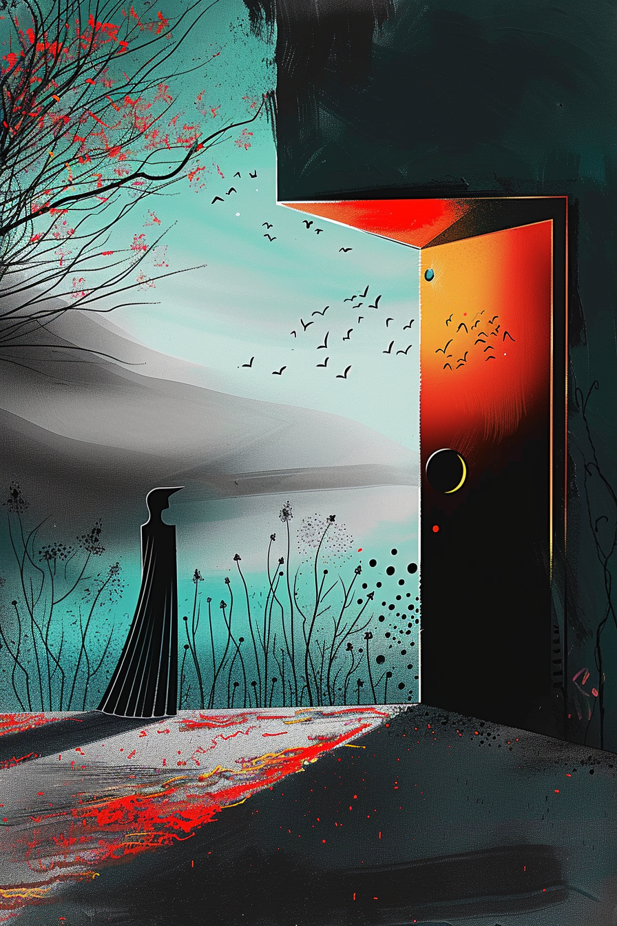 Eine schwarze Silhouette einer Figur steht vor einer offenen, orange leuchtenden Tür, die Licht in eine kühle, türkisfarbene Landschaft voller Vögel und Pflanzen wirft.
