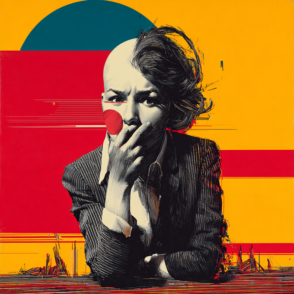 Porträt einer Person in Anzug, deren Kopf halb kahl, halb behaart ist, mit grafischen roten und gelben Formen im Hintergrund – Sinnbild für Dualität und Identität.
