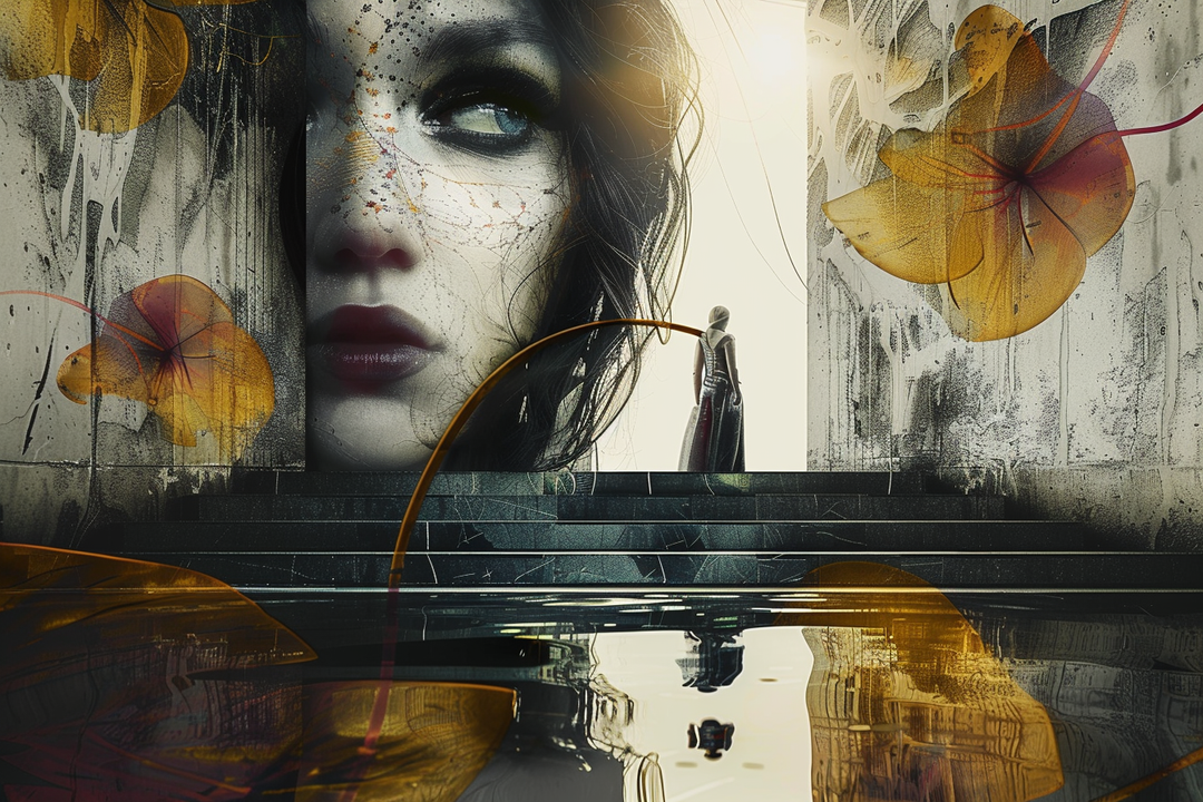 Surreale Komposition mit einer riesigen weiblichen Gesichtshälfte, die auf eine kleine, stehende Figur blickt. Vor einer steinernen, architektonischen Kulisse spiegeln sich beide in einem Wasserbecken. Goldene Blätter und Lichtreflexe umrahmen die Szene.
