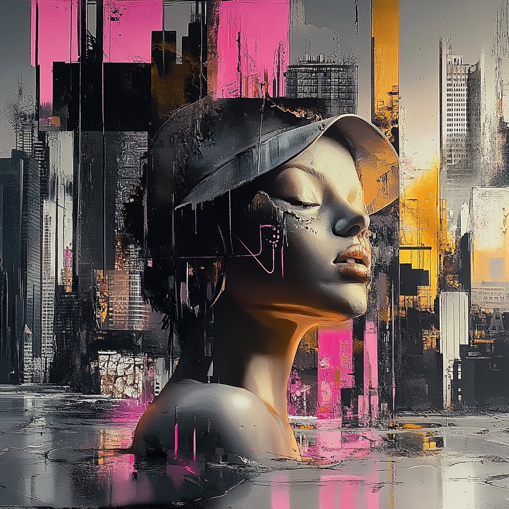 Porträt einer Frau mit geschlossenen Augen in einer futuristisch-urbanen Umgebung, umgeben von goldenen und magentafarbenen Akzenten – eine Vision zwischen Menschlichkeit und Maschine.
