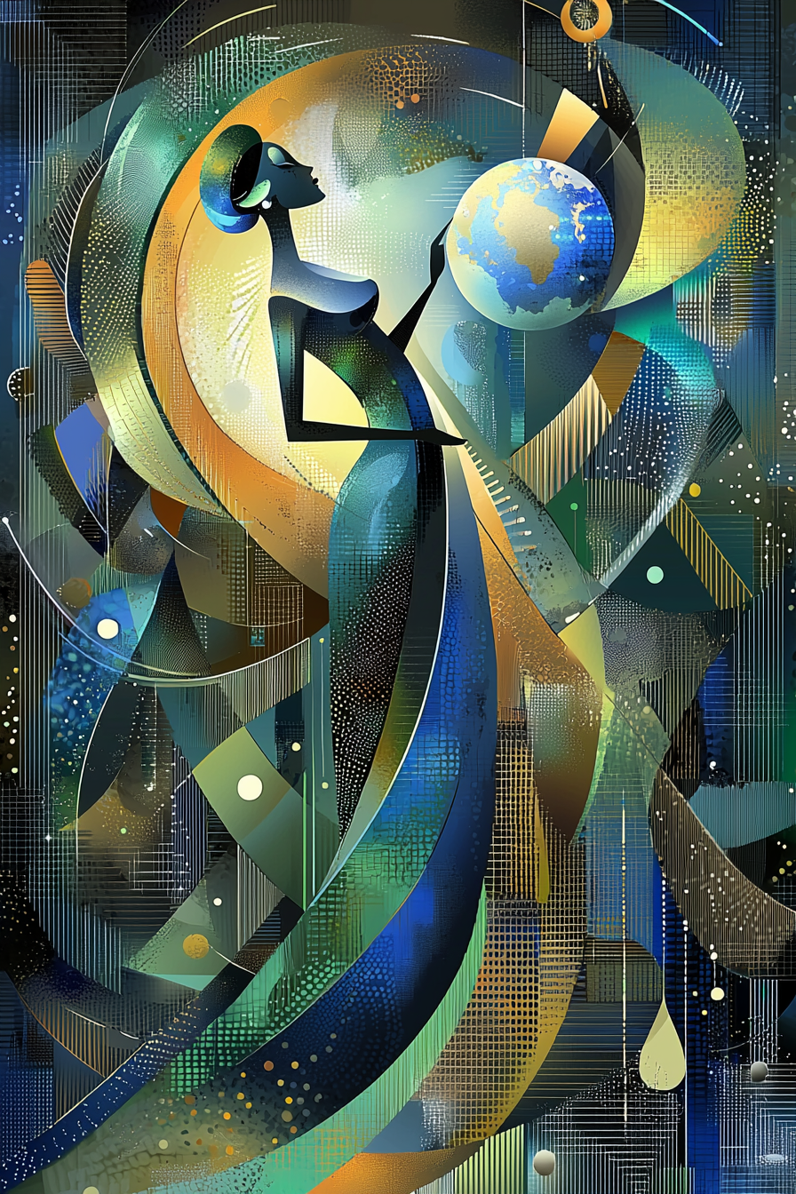 Eine stilisierte weibliche Figur in geometrischen Formen hält eine leuchtende Erdkugel. Das Bild ist in Blau-, Grün- und Goldtönen gehalten und erinnert an Art-Deco-Ästhetik mit futuristischen Mustern und Lichtreflexen.
