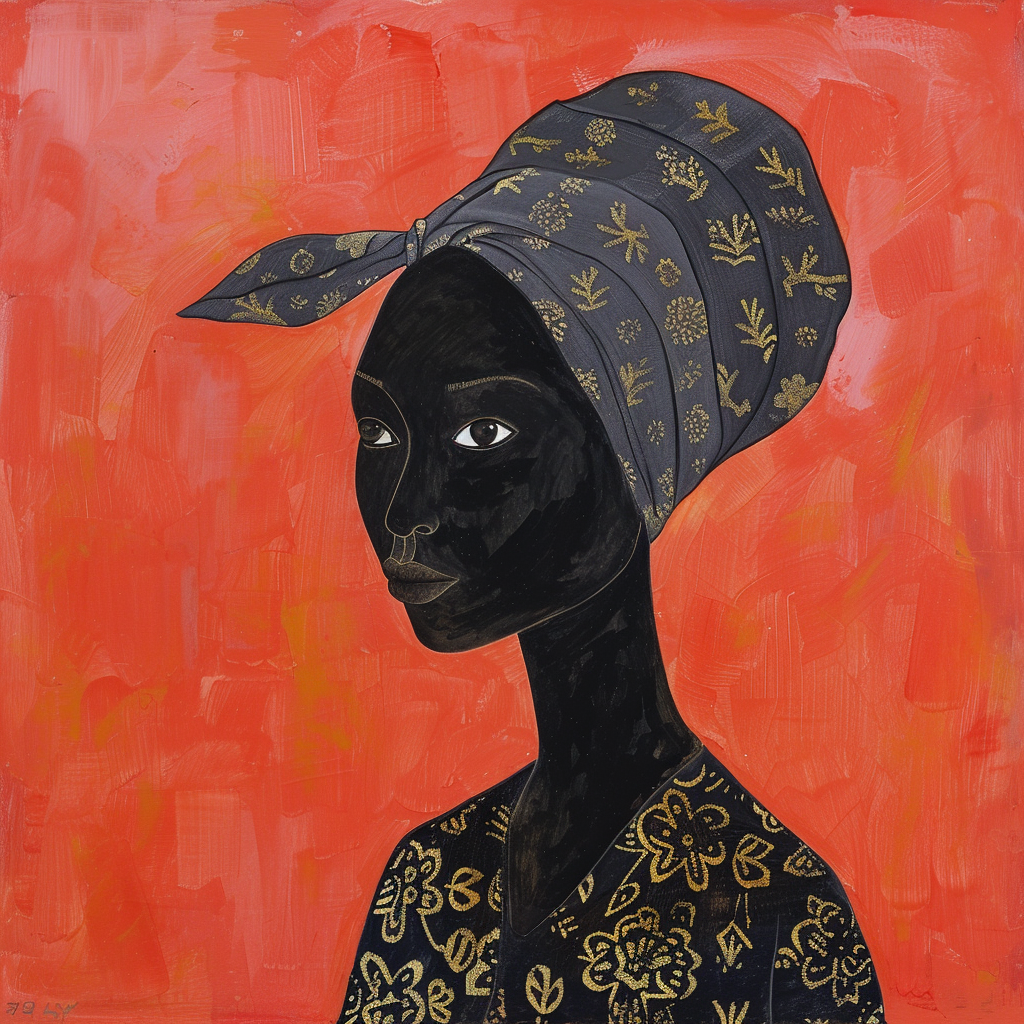 Modernes Porträt einer Frau mit dunkler Haut, golden gemustertem Kleid und blauem Kopftuch vor orangerotem Hintergrund.
