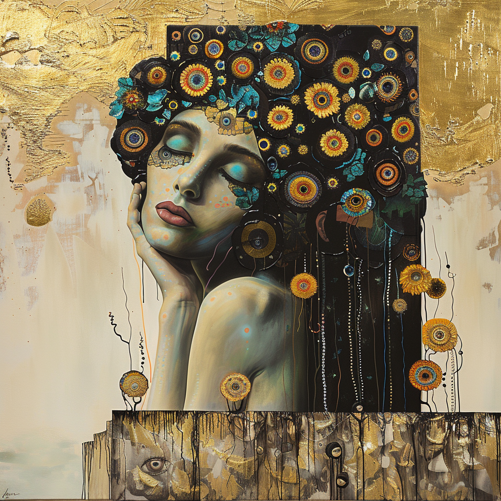 porträt einer frau mit geschlossenen augen und blumen im haar auf goldenem hintergrund
