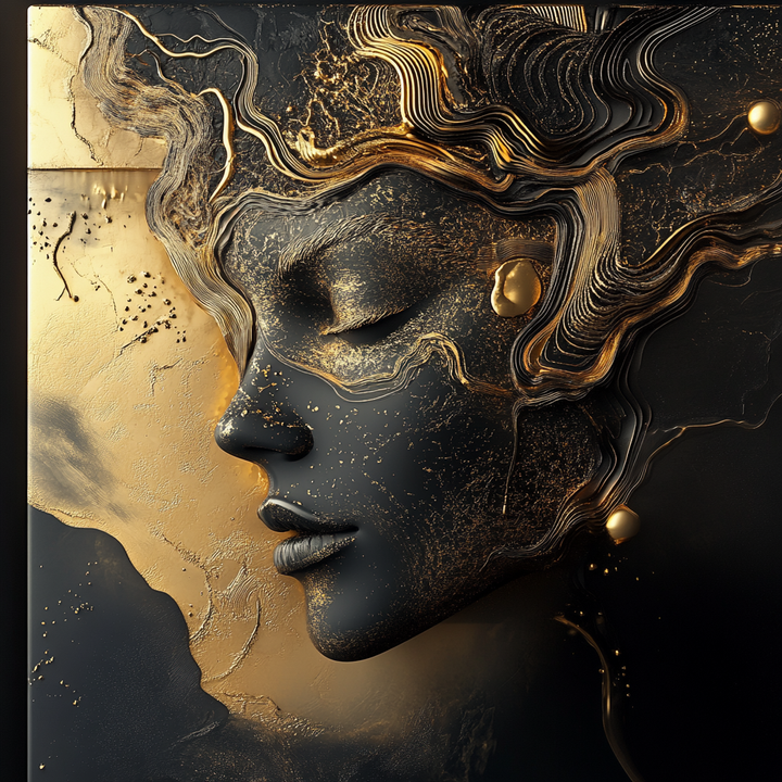 Surreales Porträt einer Frau mit geschlossenen Augen, deren Gesicht aus schwarzen und goldenen Strukturen geformt ist – eine stille, mystische Darstellung aus Licht und Materie.
