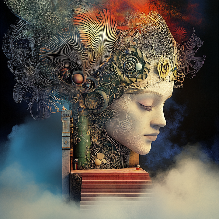 surreales porträt einer frau mit goldenen ornamenten und uhrensymbolik im haar über stufen und nebel
