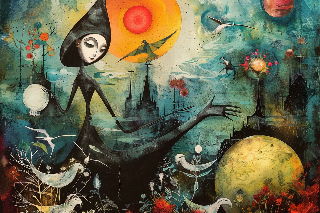 Eine schlanke, stilisierte Figur in Schwarz mit spitzem Hut hält eine leuchtende Kugel, während um sie herum Sonne, Mond, Vögel und Pflanzen in einem surrealen Himmelslandschaftsgemälde schweben.
