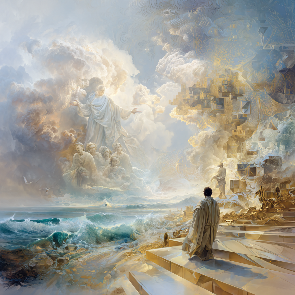 Ein Mann in einer hellen Robe steht auf einer goldenen Treppe, die zu einer himmlischen Vision führt: leuchtende Wolken, Engelsfiguren und eine göttliche Gestalt über dem Meer, durchflutet von Licht.
