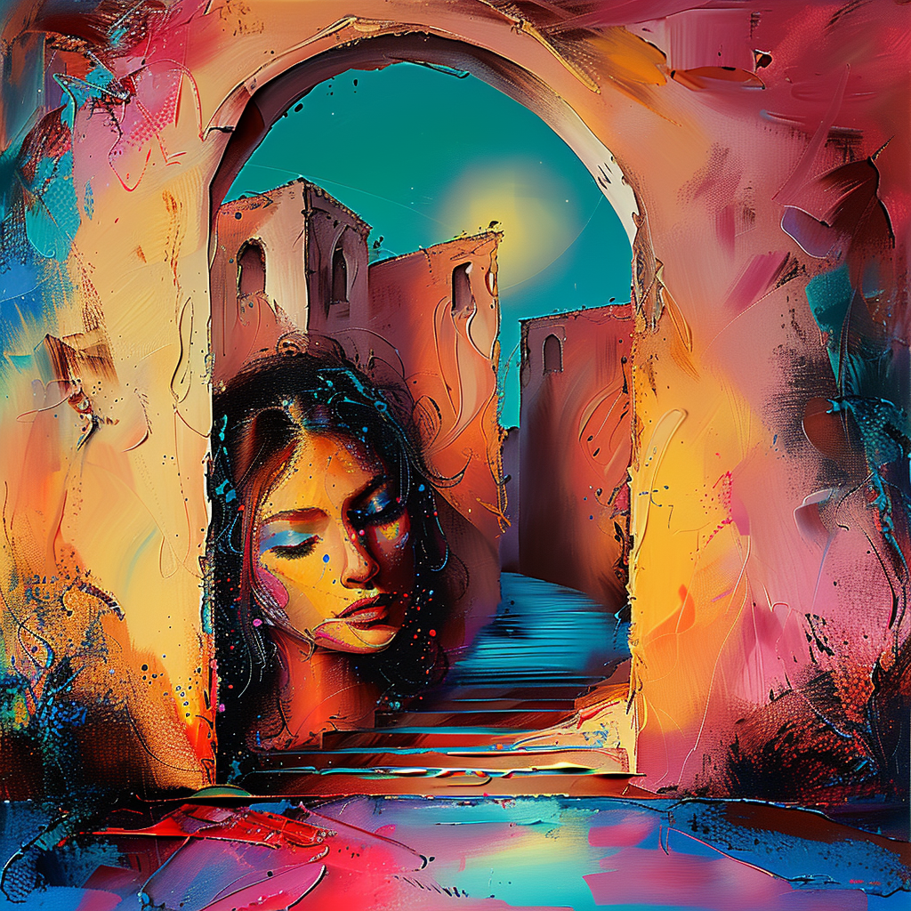 Ein surrealistisches Porträt einer Frau in warmen, leuchtenden Farben, eingebettet in eine architektonische Szenerie mit Bögen und Treppen.
