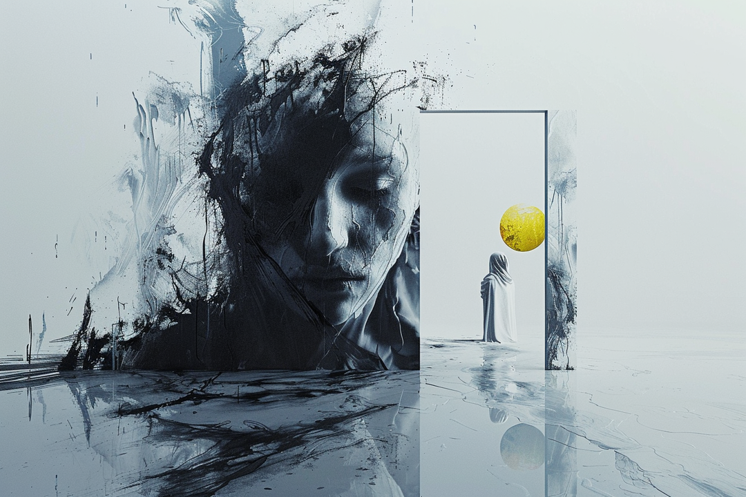 Eine düstere abstrakte Szene mit einem großen schwarz-weißen Gesicht, das sich in Rauch und Schatten auflöst, und einer kleinen verhüllten Figur vor einer hellen Tür, hinter der eine goldene Kugel schwebt.
