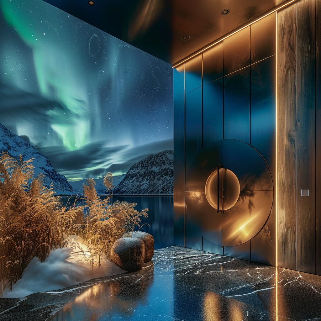 moderne architektur mit runder tür und sicht auf nordlichter über winterlandschaft
