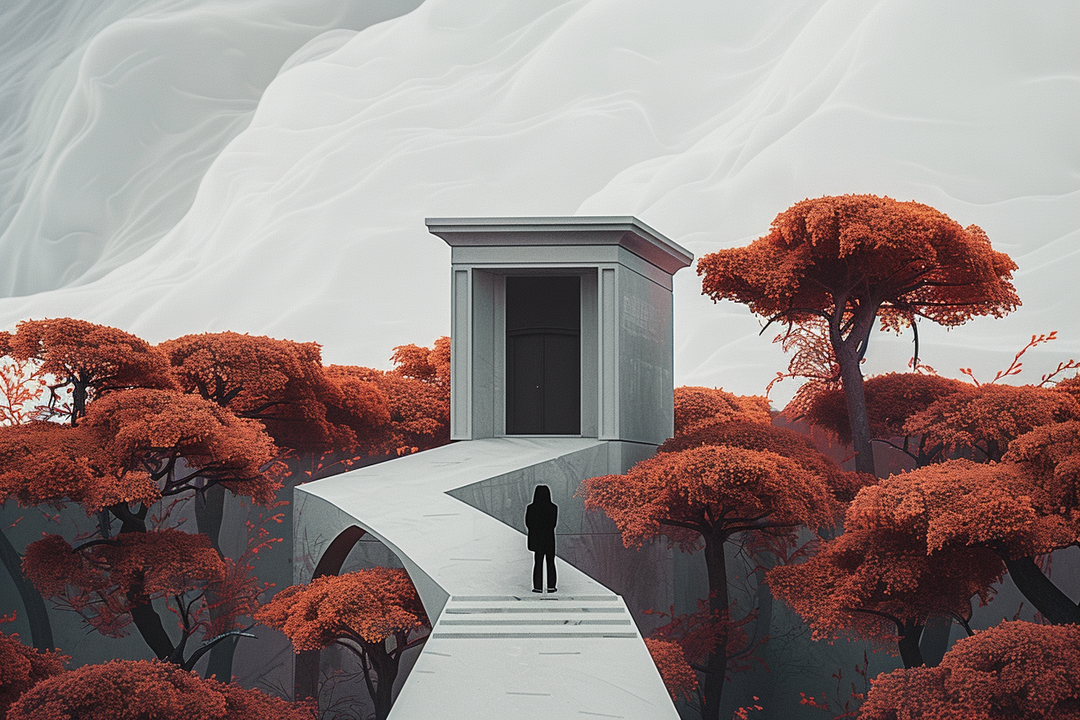 Figur vor einem monumentalen Gebäude auf einem schwebenden Weg – umgeben von roten Bäumen unter grauem Himmel, symbolisch und surreal.
